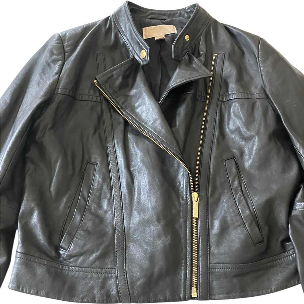 Michael Kors Black Leather Lambskin Moto Biker Jacket Gold Women’s M - Picture 3 of 15